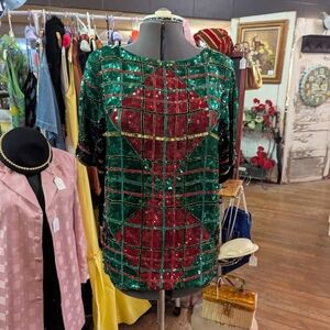 Red and Green Sequin Boxy Blouse with 3/4 Sleeves